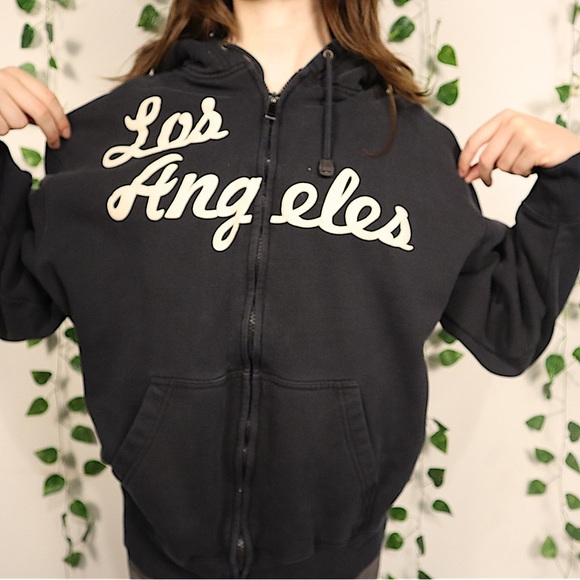 Y2k Oversized Zip Up | Black with Cream Writing | Los Angeles - Picture 4 of 6